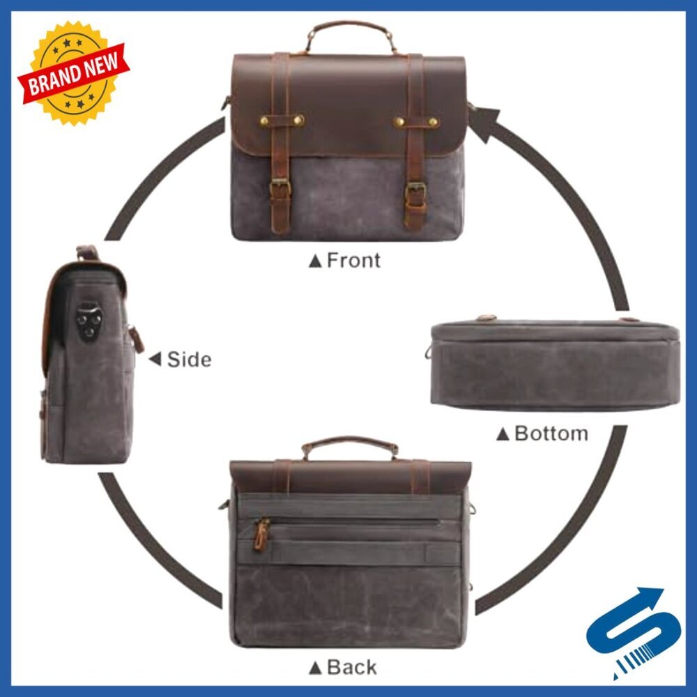 Vintage Waxed Canvas Messenger Bag Genuine Leather Laptop Briefcase Crossbody - Picture 6 of 7